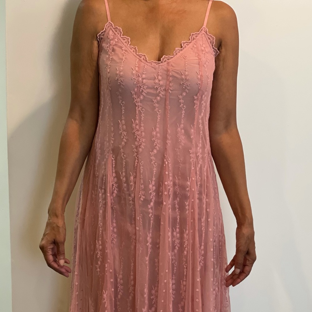 Love Sam (M) Pink Laced Maxi Dress, Ruffled bottom.